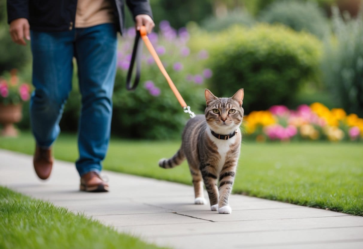 En kat med halsbånd og snor går roligt med sin ejer i en fredelig have